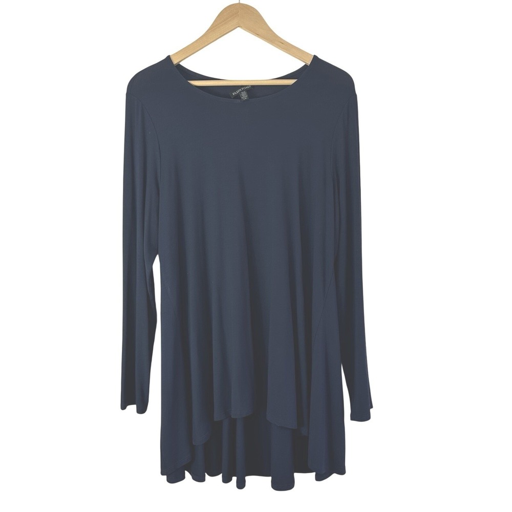 Eileen Fisher Tunic Top Large Navy‎ Blue Hi Lo Hem Jersey Knit Stretch Comfort